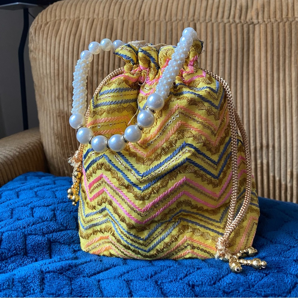 Bright yellow with Embroidery Potli Bag NWOT